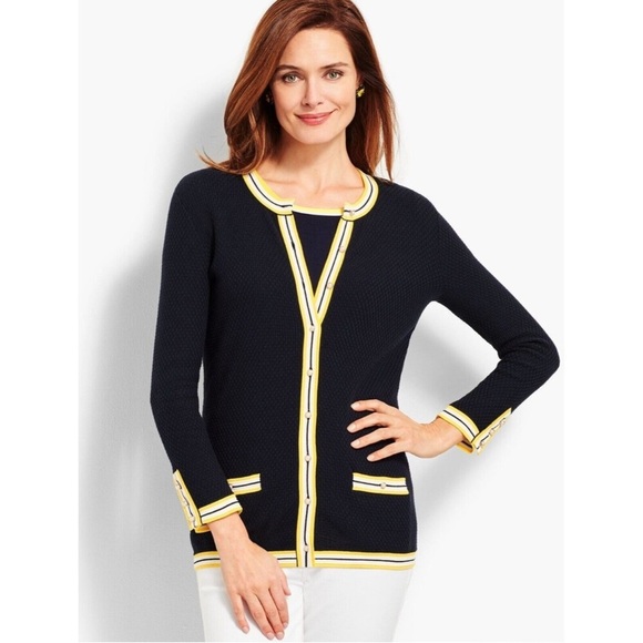 Talbot's womens navy & yellow tipped cardigan sweater Size 2x pearl button - Picture 1 of 7